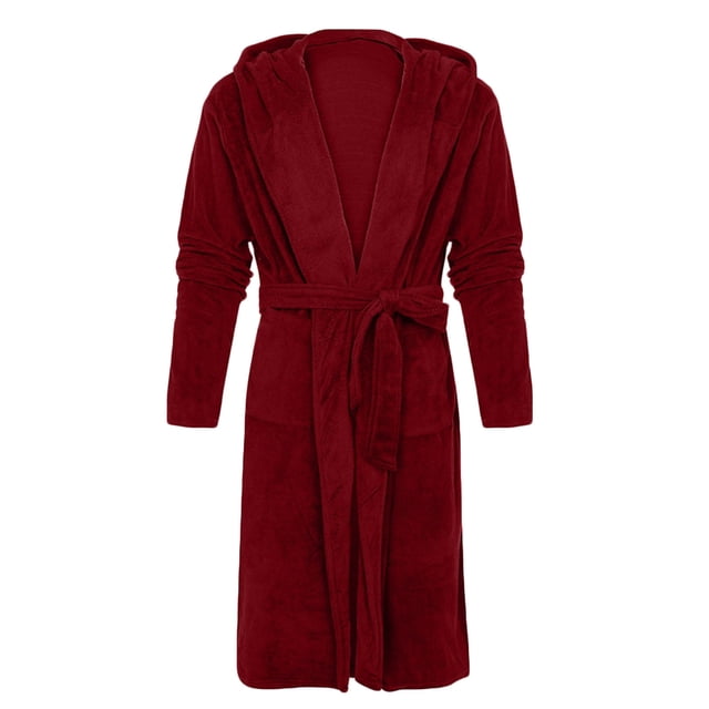 SHTXOZHI Men's Flannel Robe Warm Fleece Hooded Spa Bathrobe Winter Soft Robes with Pockets in a rich red color. This full-length robe features a hood, long sleeves, a tie belt at the waist, and two front pockets. Made from ultra-soft fleece material, it is lightweight and designed for comfort during fall and winter. Ideal for lounging or post-shower relaxation. Machine washable for easy care.