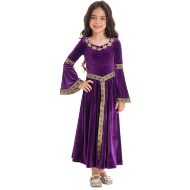 inhzoy Robe Maxi Médiévale pour Filles Enfants en Velours à Manches Longues Évasées Style Empire Violet 16