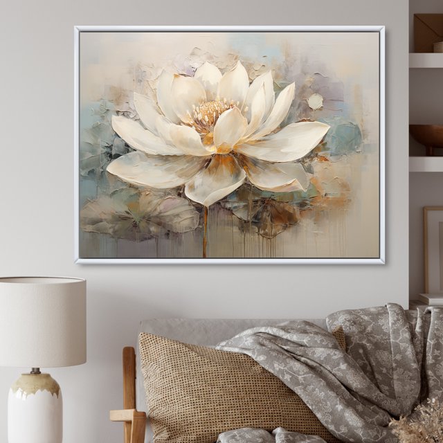 Designart Lotus framed wall art decor, Lotus framed wall Art, Timeless Lotus Connection , Extra large White Framed Wall Art, 32x16 inches White Color Frame