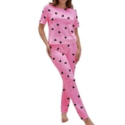 GDREDA Sleepwear for Women Women's Heart Print Short Sleeve Pajama Set Comfortable 2 Piece Leisure Sleepwear With Long Pants Women Pajama Sets pyjamas Red,M