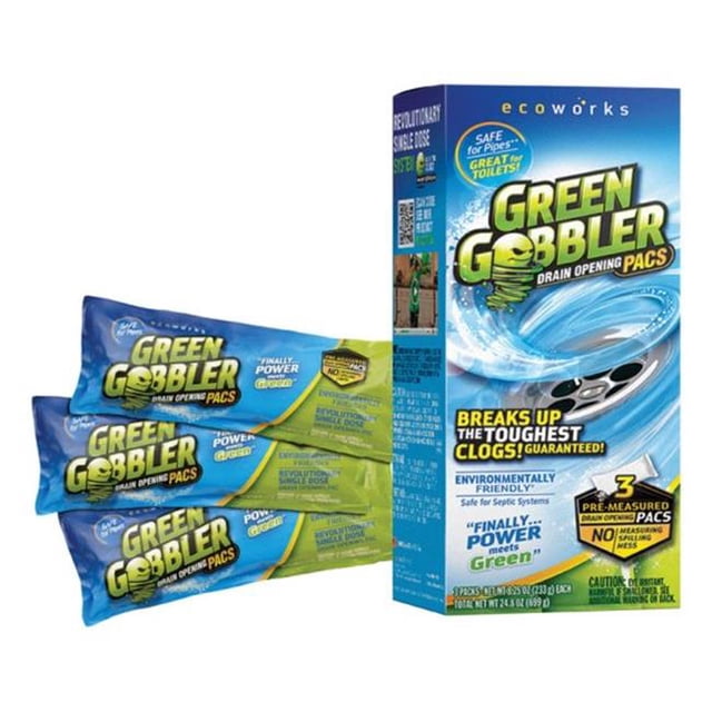 Green Gobbler Drain Opening Powder pre-measured pacs in blue and green packets with the product box, an eco-friendly drain cleaner that breaks up tough clogs in sinks, showers, and toilets while protecting pipes and septic systems without bleach.