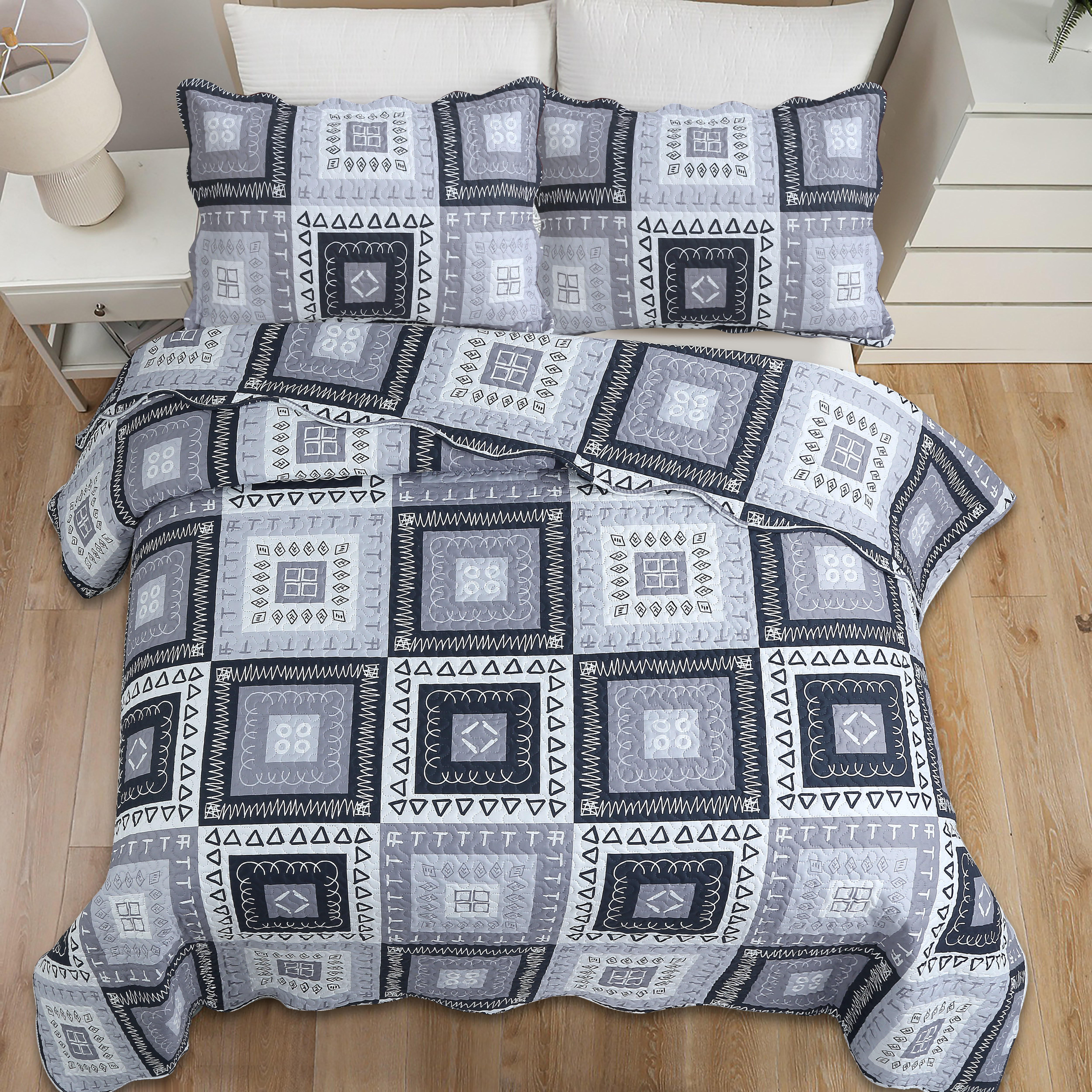 Marina Decoration Home Bedroom Pinsonic Bedding Coverlet Bedspread Ultra Soft 3 Piece Summer Embossed Printed Quilt Set with 2 Shams, Modern Grey Patchwork Geometric Pattern King