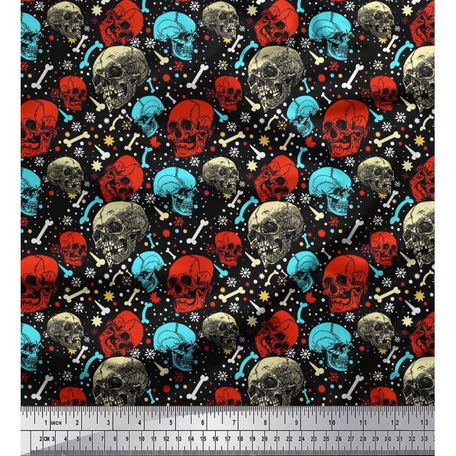 Soimoi Poly Georgette Fabric Bone,Floral & Skull Halloween Decor Fabric Printed Yard 42 Inch Wide