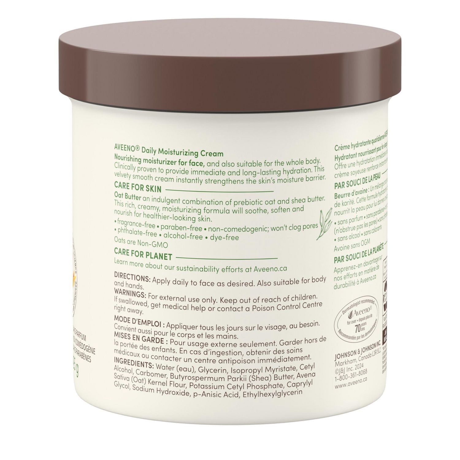 Crème hydratante quotidienne Aveeno avec avoine prébiotique et beurre de karité, pour peau sensible, normale à sèche, hydrate pendant 48 heures, sans parfum, non grasse et non comédogène, 425 g