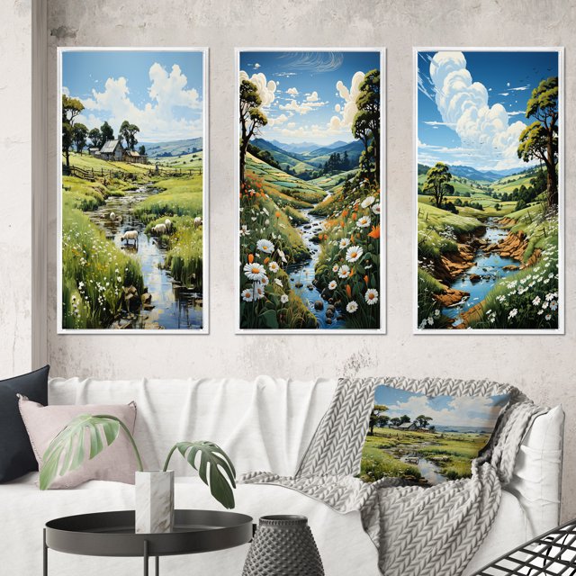 Designart "In Pasture Countryside Sheep painting" Landscape & Nature Framed Wall Art Set Of 3 - Green Countryside Frame Gallery Wall Set For Home Decor