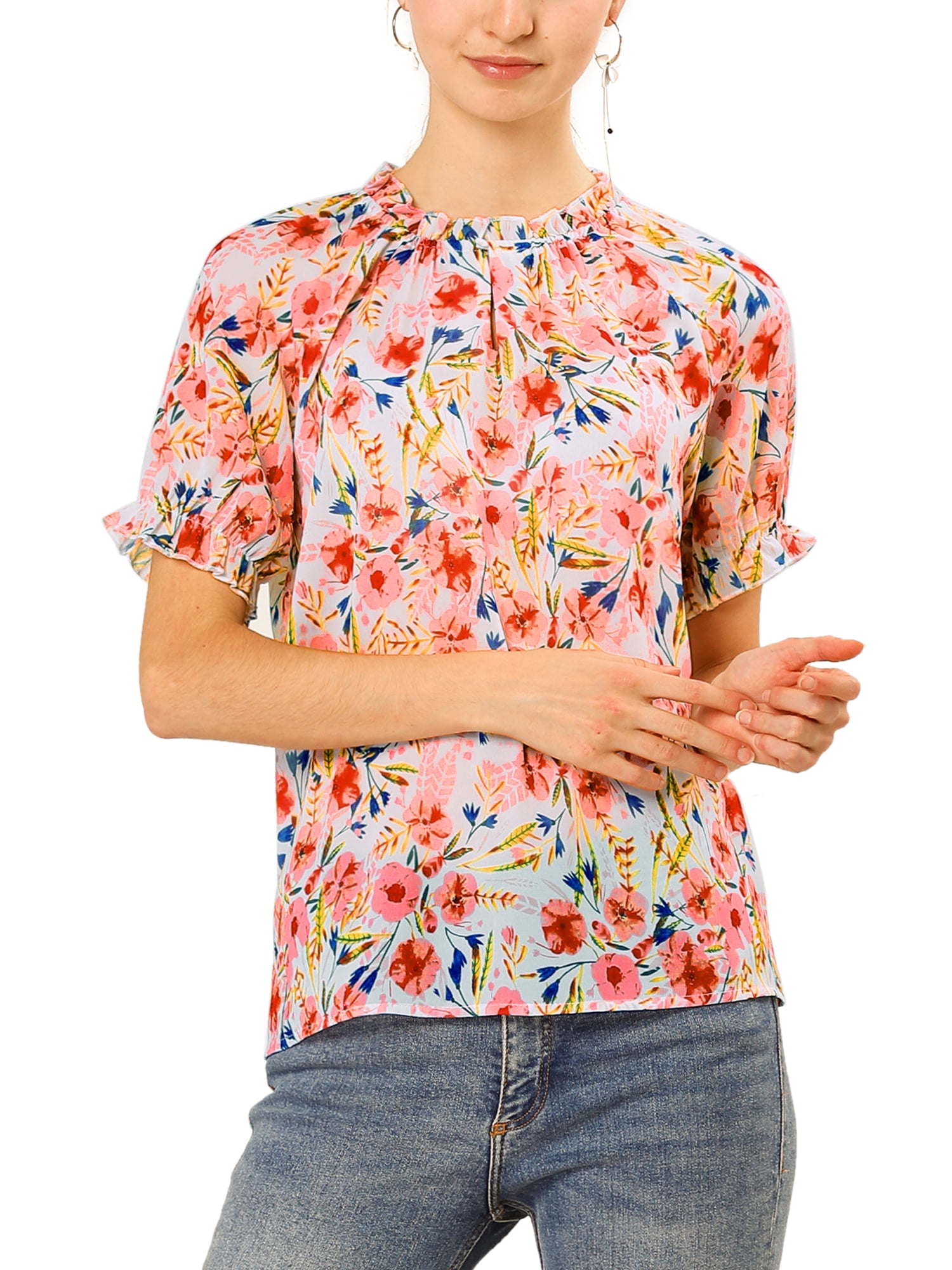 INSPIRE CHIC Blouse pour Femme à Fleurs à Volants Manches Courtes Col à Volants Blouses Décontractées L Blanc