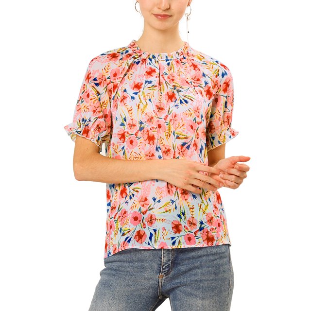 INSPIRE CHIC Blouse pour Femme à Fleurs à Volants Manches Courtes Col à Volants Blouses Décontractées S Blanc