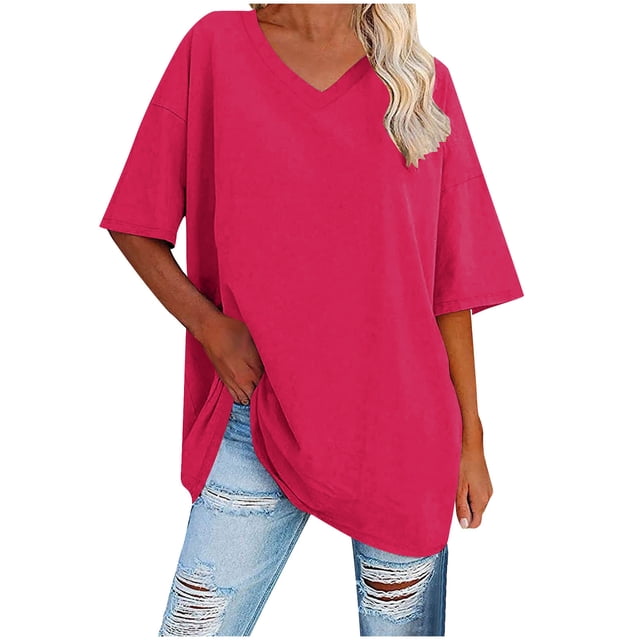 Plebaso T-Shirts Surdimensionnés pour Femmes à Col en V à Manches Mi-Longues T-Shirts Décontractés Unis Confort Hauts Amples pour Femmes