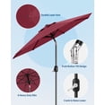 thumbnail image 3 of Patio Umbrella Market Umbrella 9ft Deep Red - 8-Rib Waterproof & UV Protection, Tilt & Crank Lift for Outdoor Table, Garden, Deck, Poolside (1-Pack), 3 of 7