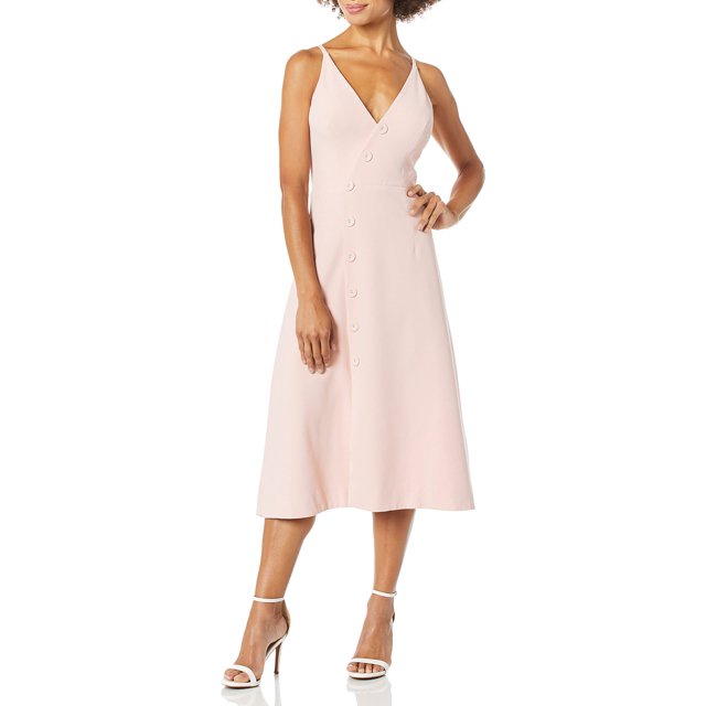Dress the Population Robe MIDI Sans Manches Ajustée et Évasée avec Boutons pour Femmes Emily, Blush Poudre, m