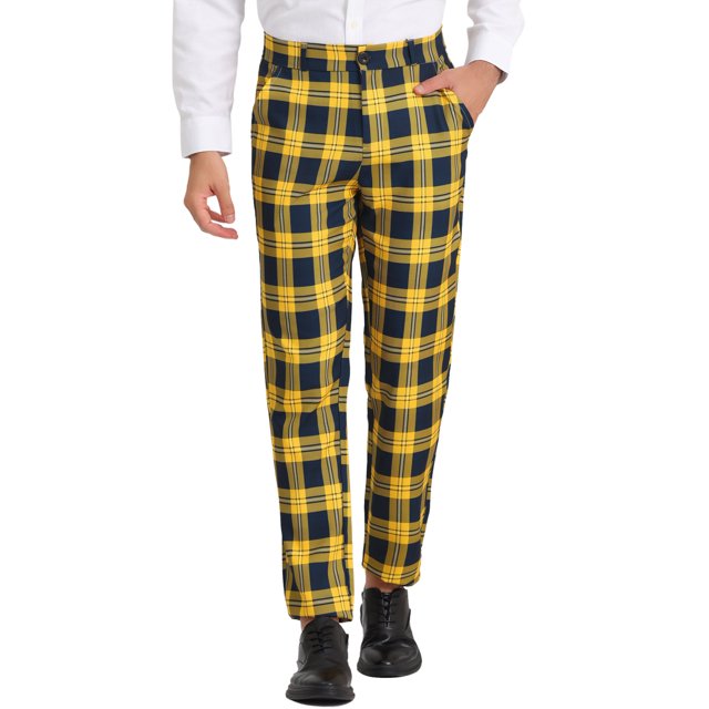INSPIRE CHIC Pantalon à Carreaux pour Homme, Léger, Coupe Régulière, devant Plat, 34, Jaune Marine