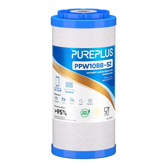 PUREPLUS Filtre à Sédiments Enroulé en Ficelle 10 Pouces Ø 4,5 Pouces avec Filtre Réducteur en Fer, Compatible avec le Système de Filtration d'Eau pour Toute la Maison pour l'Eau de Puits, Lot de 1