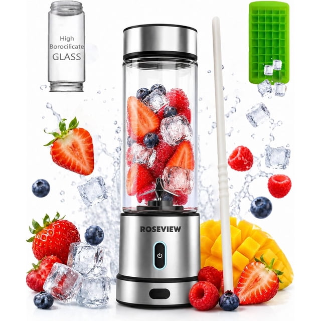 Portable Smoothie blender ROSEVIEW Glass bottle 200W 15 oZ USB rechargeable mini Handheld Ice Shakes Cup blend juicer Cordless blender Personal smoothies maker Fruit mixer