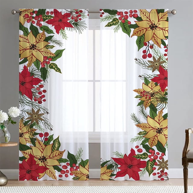 Goory Rideaux de Noël Luxe 2 Pcs Draperies Texturées en Lin Décoration Maison Rideau de Fenêtre Poche de Tringle Style Chambre-4 L:33 Pouces x H:83 Pouces