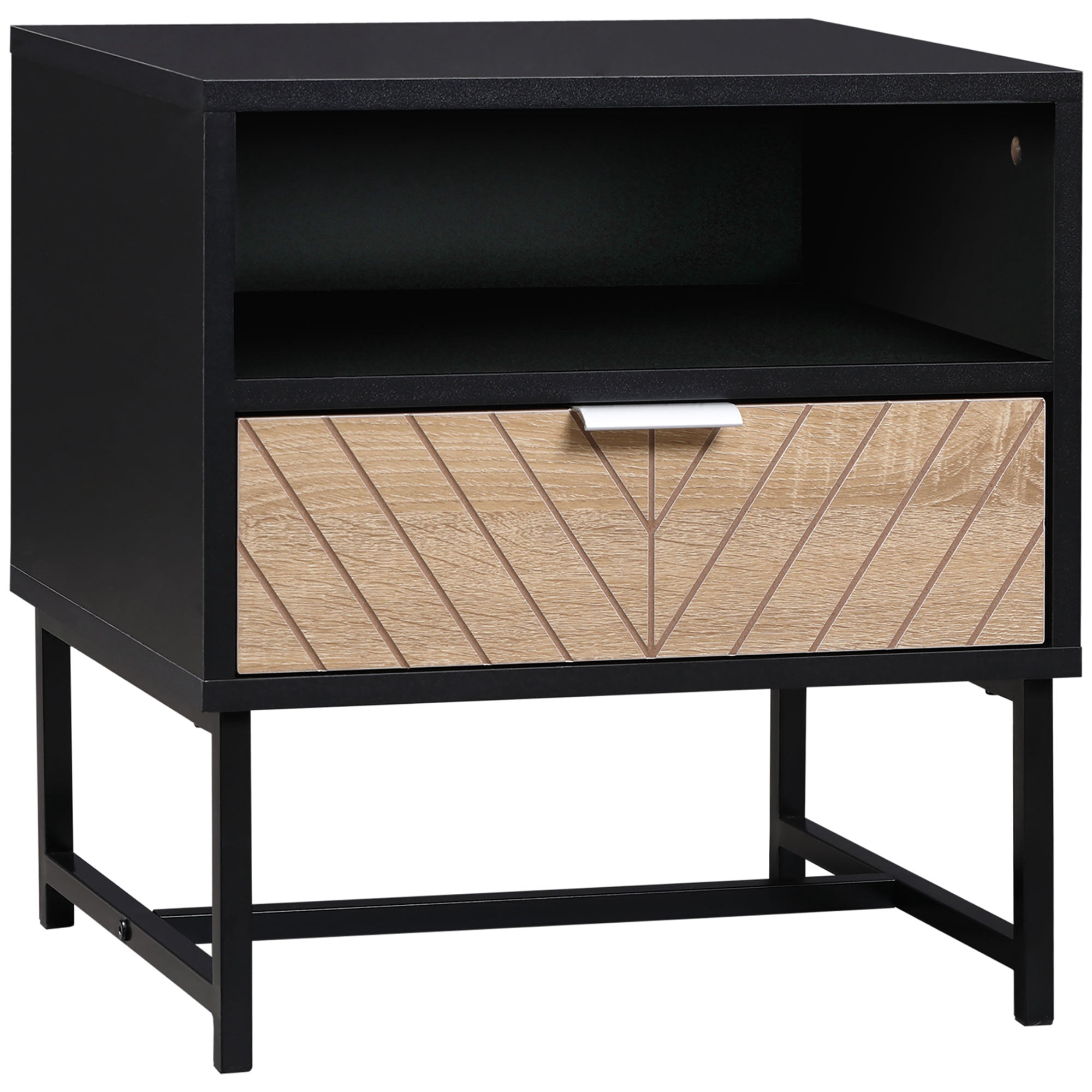 CoSoTower Modern Bedside Table with Drawer, Nightstand with Storage Shelf, Sofa End Table for Bedroom, Black and Oak