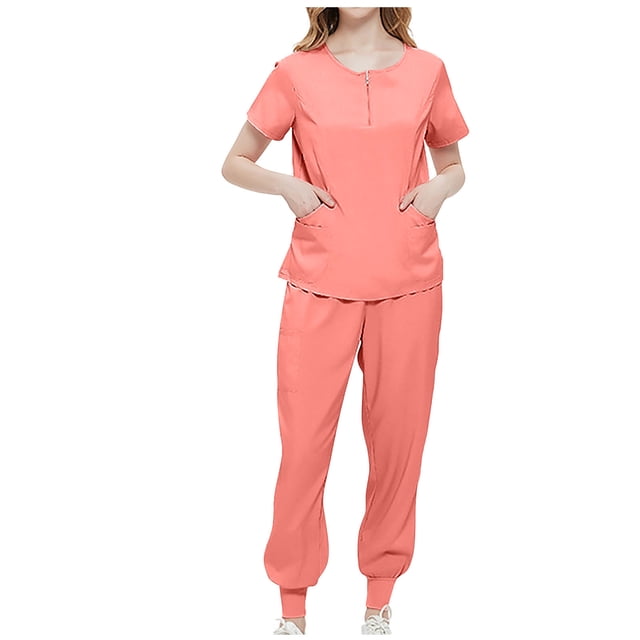 Styesk Sarraus pour Femmes Couleur Unie Ensembles de Sarraus Extensibles Pantalons de Sarrau Taille Haute Col Ras du Cou Hauts de Sarrau à Fermeture Éclair Joggers de Sarrau Confortables avec Poches Ensemble d'Uniforme d'Infirmière 2 Pcs