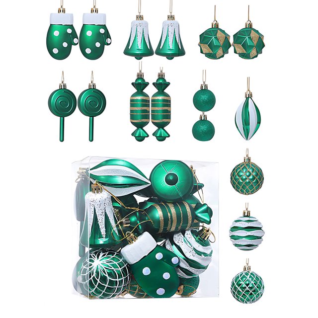 TopLLC 32 Pcs Christmas Tree Hanging Ornaments Set, Pre-Tied Shatterproof Plastic Assorted Baubles with Rope, Glitter Xmas Tree Decorative Pendants Christmas Decorations for Party Holiday Wedding