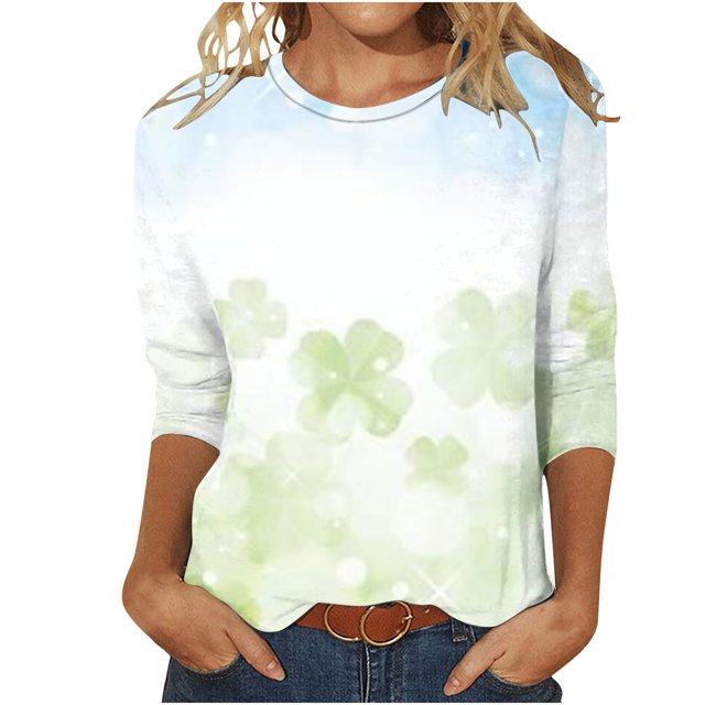 Besolor T-Shirts de la Saint-Patrick pour Femmes Imprimé Col Rond Manches 3/4 Tunique Décontractée Blouse d'Été Ample