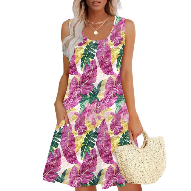 Ovzne Robes pour Femmes Robe Femme Femme Décontractée Ample Été Robe Imprimée Sans Manches Col en V Ensemble Haut/chemise Grande Taille Robe Maxi Imprimée Liquidation