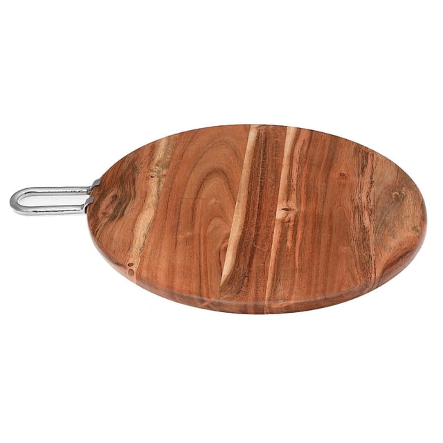 IH Casa Decor Planche Ronde en Bois d'Acacia Naturel avec Poignée en Nickel, Planche à Découper Ronde de 17 par 17 Pouces en Bois d'Acacia Brun Naturel avec grain visible et Poignée en Nickel, Idéale pour la Cuisine et comme Cadeau pour les Pendaisons de Crémaillère Ou les Anniversaires.