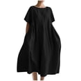 thumbnail image 1 of Robes Caftans en Coton et Lin pour Femmes Grande Taille à Manches Courtes Amples et Larges Robe Maxi Plissée à Volants Longue Robe Noire, G, 1 of 3