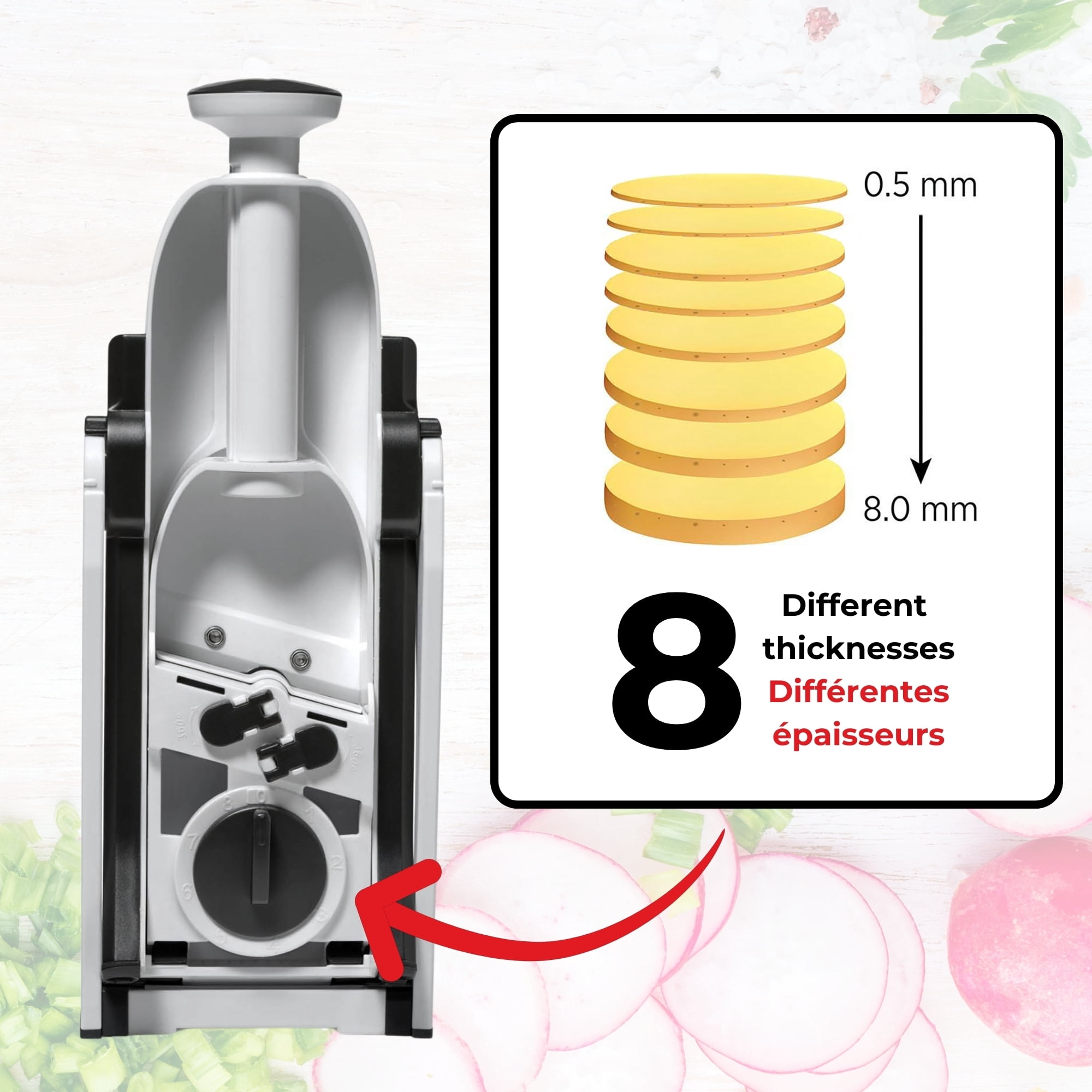 Starfrit Pump'N'Slice Vertical Mandoline, Safe Adjustable Vegetable & Fruit Slicer