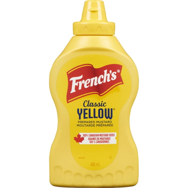 French's Classic Yellow Mustard 400ml squeeze bottle with yellow flip-top cap, featuring the red French's logo and label stating 100% Canadian mustard seeds, ideal for adding zing to family recipes and Canadian cookouts.