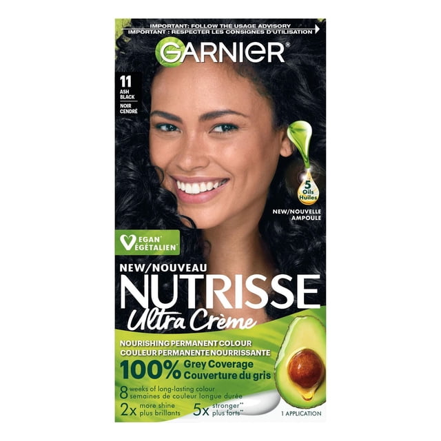 Garnier Nutrisse Teinture Capillaire Permanente Ultra Crème en 11 Noir Cendré, Enrichie de 5 Huiles de Fruits, Dont l'Avocat, Offrant une Couverture 100 % des Cheveux Gris et une Couleur Vibrante et Longue Durée jusqu'à 8 Semaines avec une Brillance et une Force Capillaires Accrues.