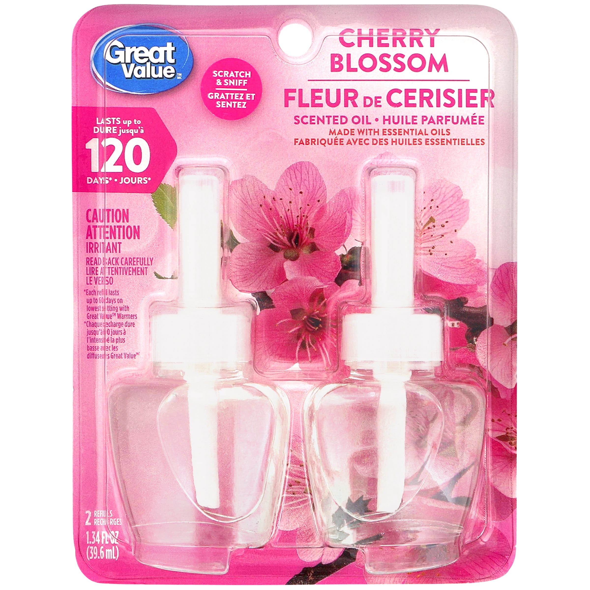 Great Value Huile Parfumée, Fleur de Cerisier, 2 Recharges