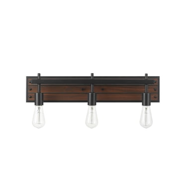 Mackay 3-Light Vanity Light, Faux Wood Finish, Matte Black Accents