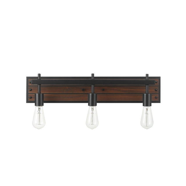 Mackay 3-Light Vanity Light with dark faux wood finish planks and matte black accents, featuring open socket construction with three exposed bulbs in a horizontal wall-mounted design, suitable for vintage rustic or dark academia bathroom lighting.