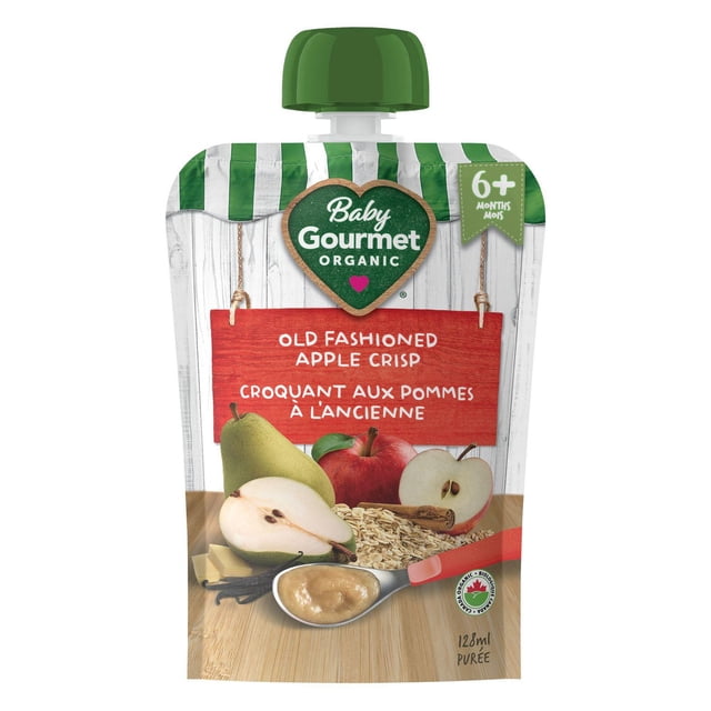 Baby Gourmet Purée Biologique Croustillante à l'Ancienne Pochette pour Nourriture pour Bébé avec Bouchon Vert à Vis et Dessus Rayé, Présentant Poire, Pomme, Avoine, Cannelle et Vanille sur une surface en Bois, Conçue pour les Bébés de 6 Mois et Plus, Emballage Sans BPA de 128 ml.