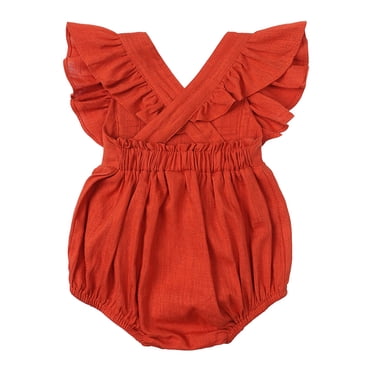 IROINID en Solde Justaucorps pour Bébé Fille Bébés Filles Mignon Couleur Unie Coton Lin Volants Dos Nu Combinaison Barboteuse, Orange
