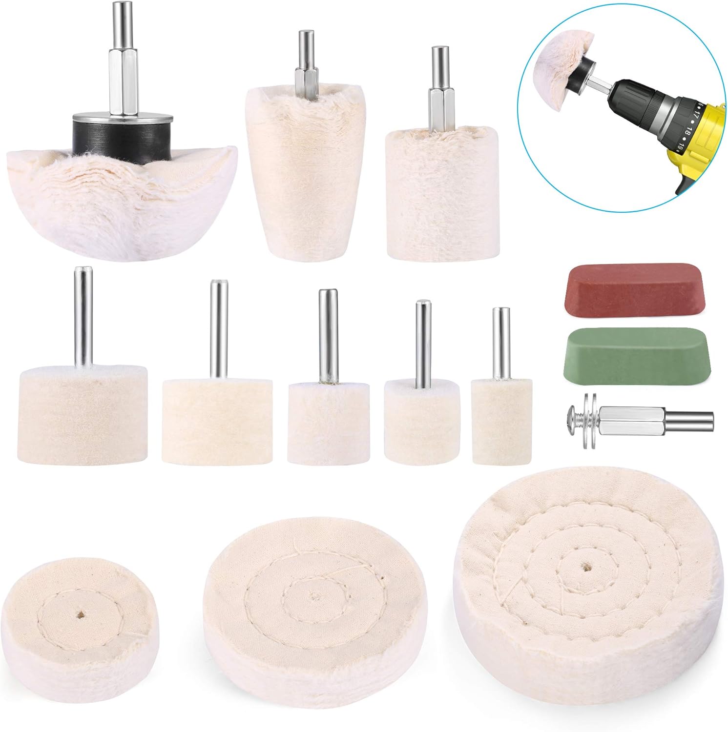 Polishing accessories, cordless screwdriver, polishing wheel / pad / cone, conical brush kit, cotton velvet, for drill
