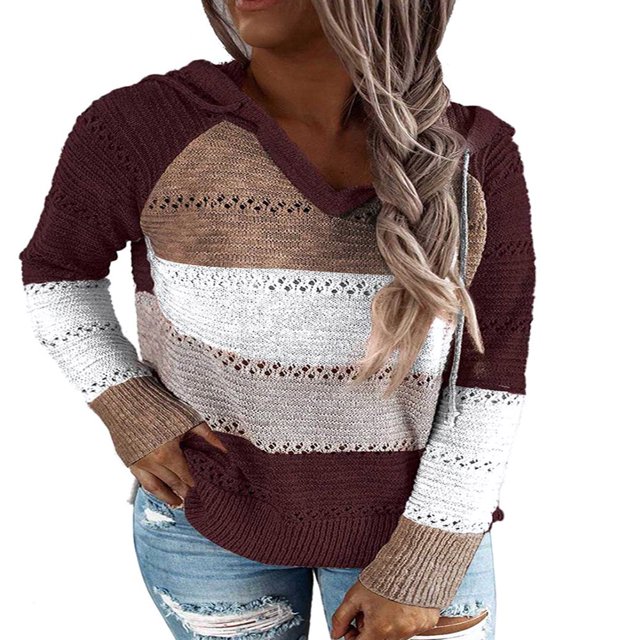 Chandail à Capuche pour Femmes Tricoté à Manches Longues Ample avec Capuche