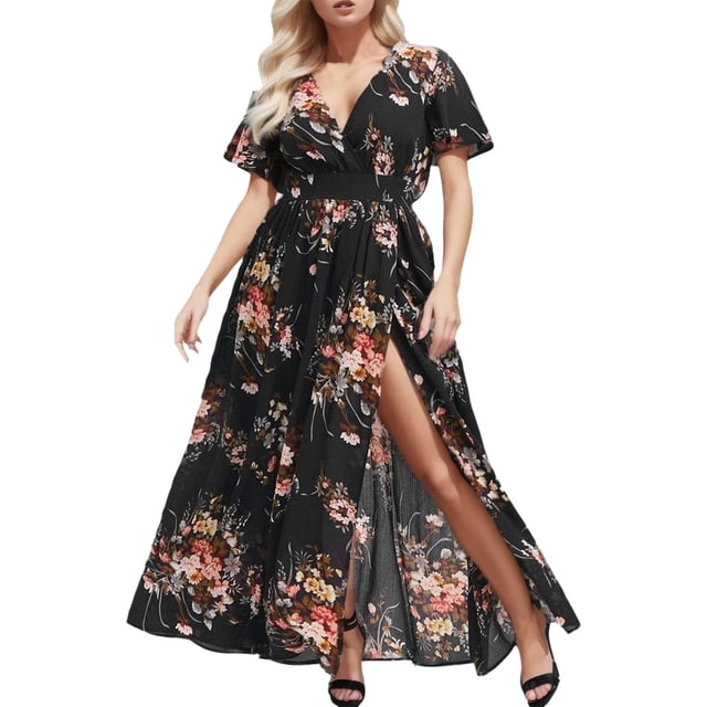 Ketyyh-chn99 Robes Femmes 2024 Robe Soleil Robes pour Femmes Robes d'Été pour Femmes Imprimé Décontracté Col en V Bouton Manches Courtes Décontracté Robes Femme Noir,3TG