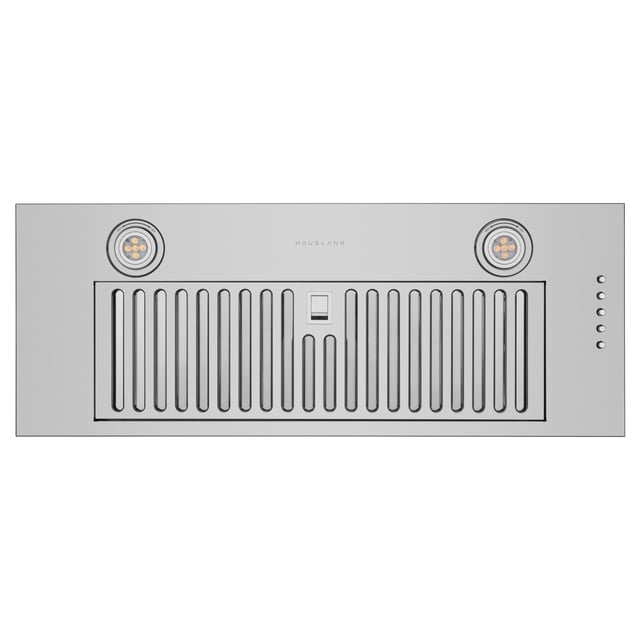 Hauslane Chef Series IN-R100 30-inch built-in recessed stove range hood in stainless steel with a compact design. Features include a 3-speed kitchen exhaust fan, dishwasher-safe baffle filter, and bright LED lights. The 6-inch duct design supports both vented and ductless systems with optional charcoal filters. Ideal for heavy-duty cooking with high CFM suction power and a durable blower system.