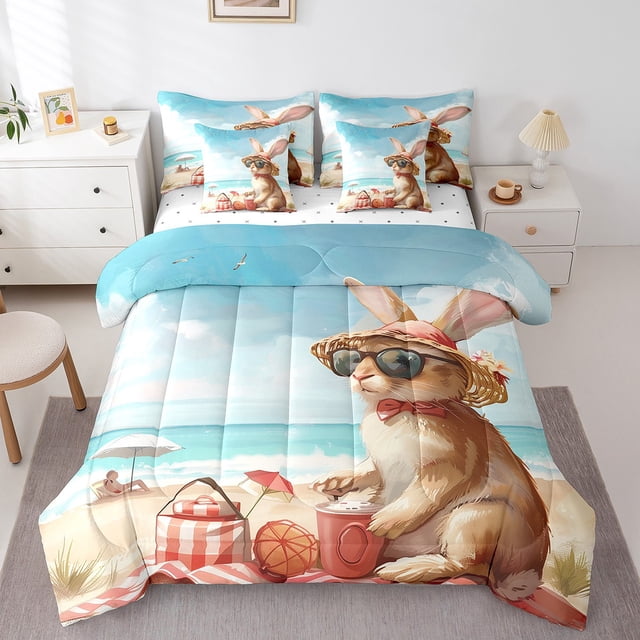 YST Kawaii Rabbit Comforter Set, 7-Piece, Ocean Sea Theme, Queen