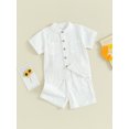 thumbnail image 3 of Gupgi Boys Summer Cotton Outfits Kids Solid Color Buttons Short Sleeve Tops Elastic Waist Shorts, 2Pcs Set, 3 of 6