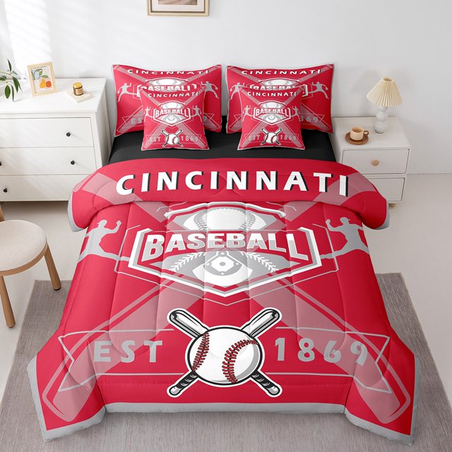 YST Ensemble de Douillette Simple 7 Pcs, Sac de Literie Réversible Toutes Saisons Simple, Ensemble de Literie Simple Ultra Doux avec Douillette de Baseball, Drap Plat, Drap-Housse, Taies d'Oreiller, Couvre-Oreillers, Cincinnati