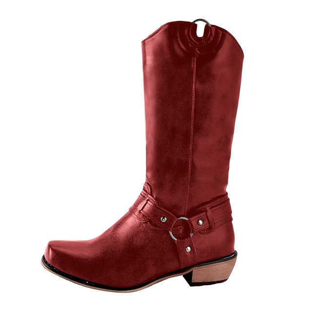 Womens Cowboy Motorcycle Riding Boots Winter Fall Leather Square Toe Wide Mid Calf Western Cowgirl Booties