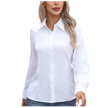 Moxiu Women's Button Down Shirts Long Sleeve Basic Business Dress Shirt Slim Classic V Neck Button Up Work Blouse Formal Tops 2025 White,XXXXXL