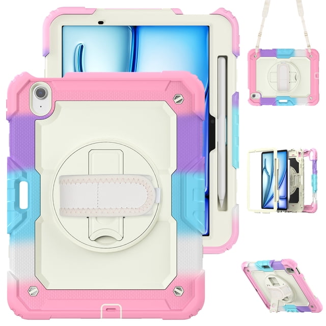 XYX For iPad Air 11 inch (2025 M3/2024 M2) Case, 360 Rotating Shockproof Cover with Stand, Screen Protector, Shoulder Strap, Rainbow Pink