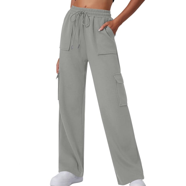 LLYwey Deals Clearance Straight Leg Sweatpants Ladies New Straight Tube Solid Color Multi Pocket High Waisted Drawstring Work Sweatpants Pants New Full Length Pants Trousers Regular Fitted Gray XXL