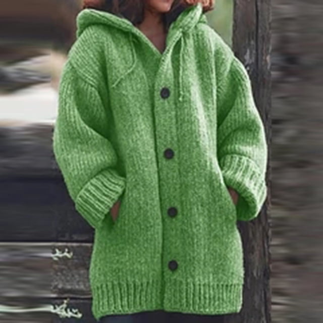 Long cardigan sweaters for women, designed as a thickened medium-long hooded sweater coat in solid green. Features include a button-up front, ribbed cuffs, and pockets, ideal for casual autumn and winter wear. Perfect for layering with women's sweaters or cardigans.