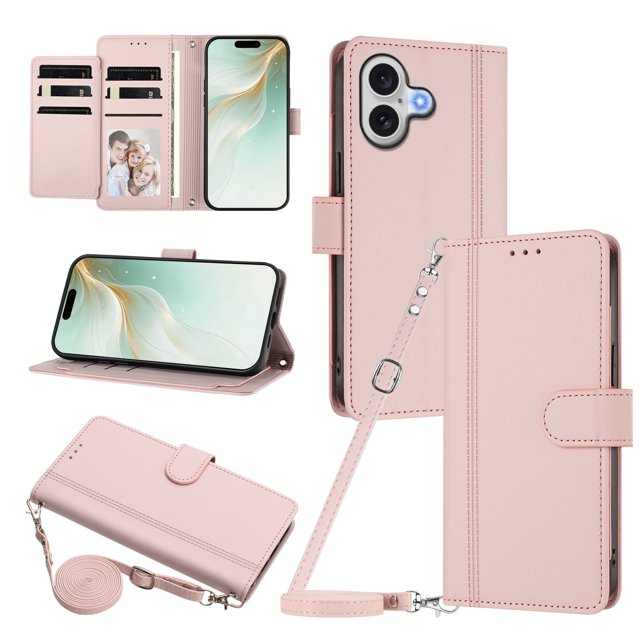iPhone 17 Leather Wallet Case, Book Style Cover with Tab Closure, Pink