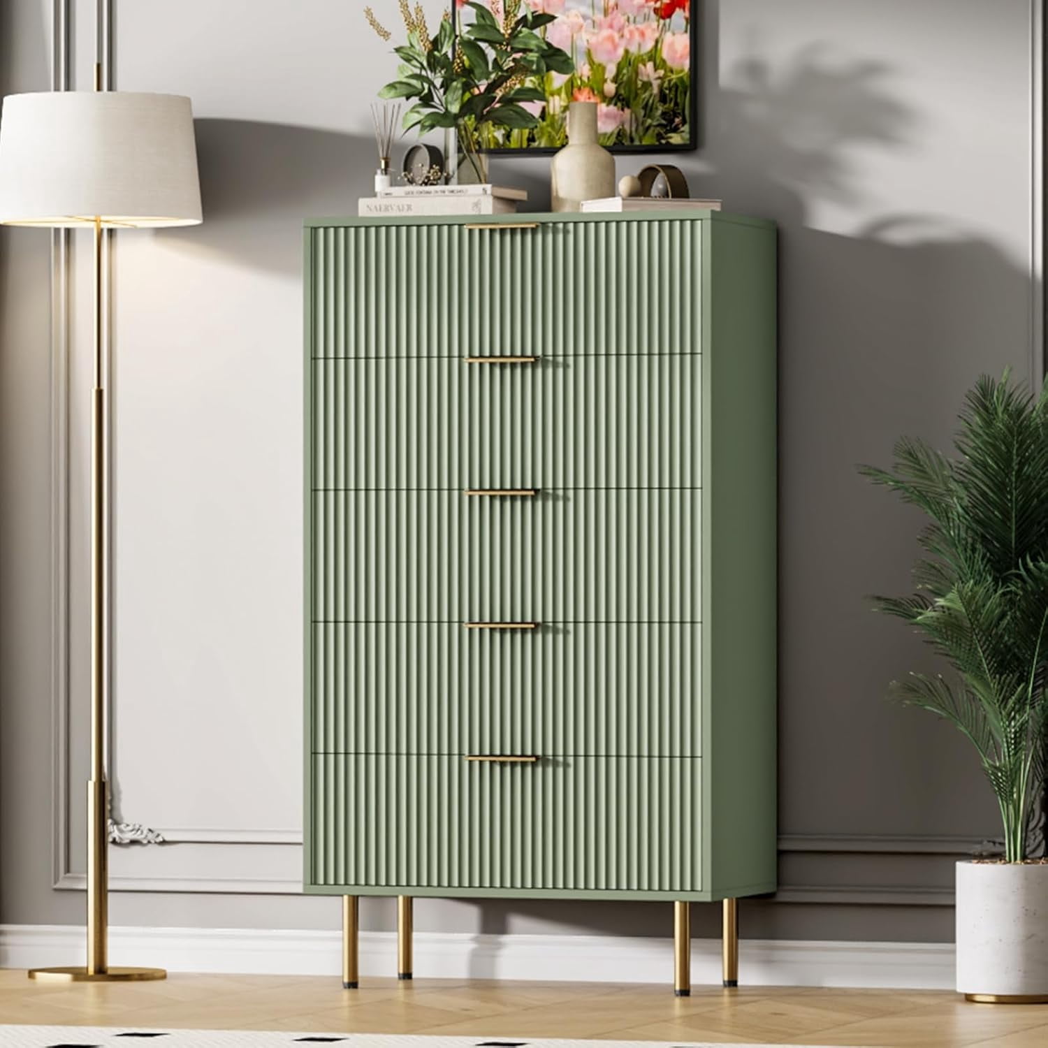 5 Drawer Dresser for Bedroom Chest of Drawers, 27" Wide Fluted Dresser with Drawers, Modern Wooden Dressers with Metal Handles for Living Room, Hallway