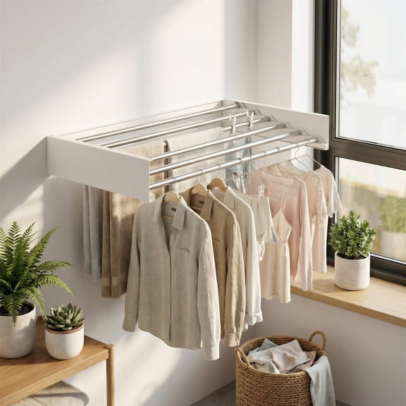LEDREM Wall-Mounted Clothes Drying Rack, Foldable Laundry Rack with 6 Rods, 31.5 x 15.7 x 4.1 Inches, White and Grey