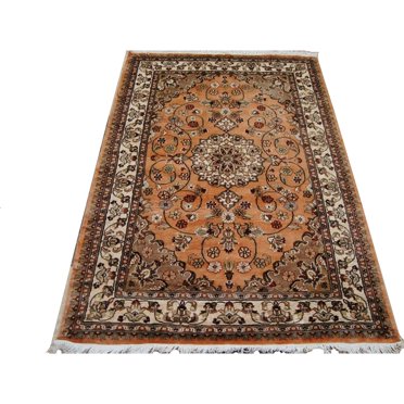 Tapis Oriental en Laine et Soie à Médaillon Floral, Noué à la Main, Impressionnant (6 x 4)'