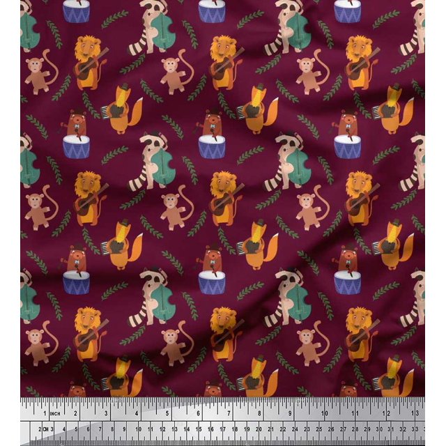 Soimoi Cotton Poplin Fabric Leaves,Musical Instruments & Animals Kids Decor Fabric Printed Yard 42 Inch Wide